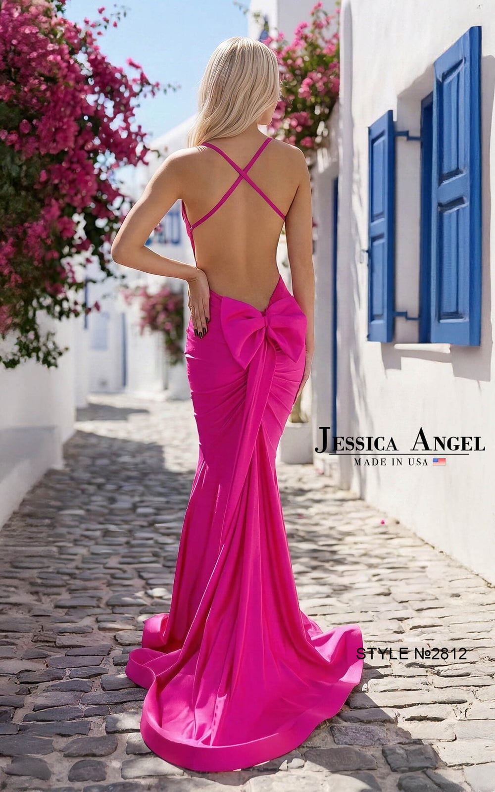 Jessica Angel 2812 crystal neckline open back bow mermaid gown back view