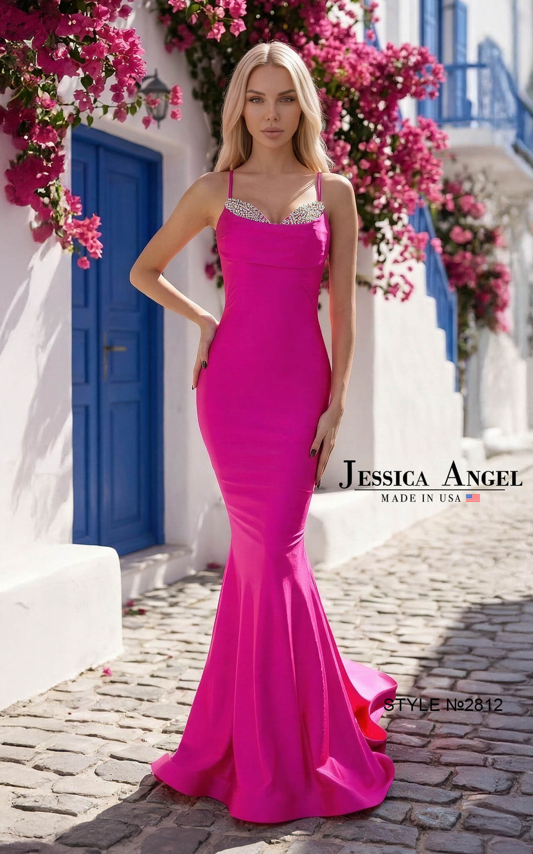 Jessica Angel 2812 crystal neckline open back bow mermaid gown front view