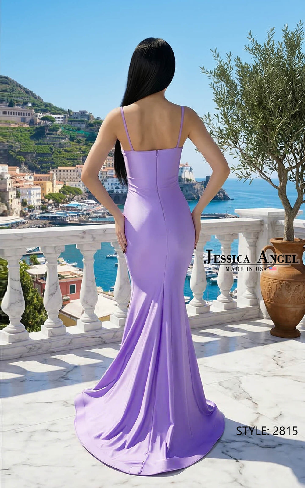 Jessica Angel 2815 sweetheart keyhole crystal bow mermaid prom dress back view
