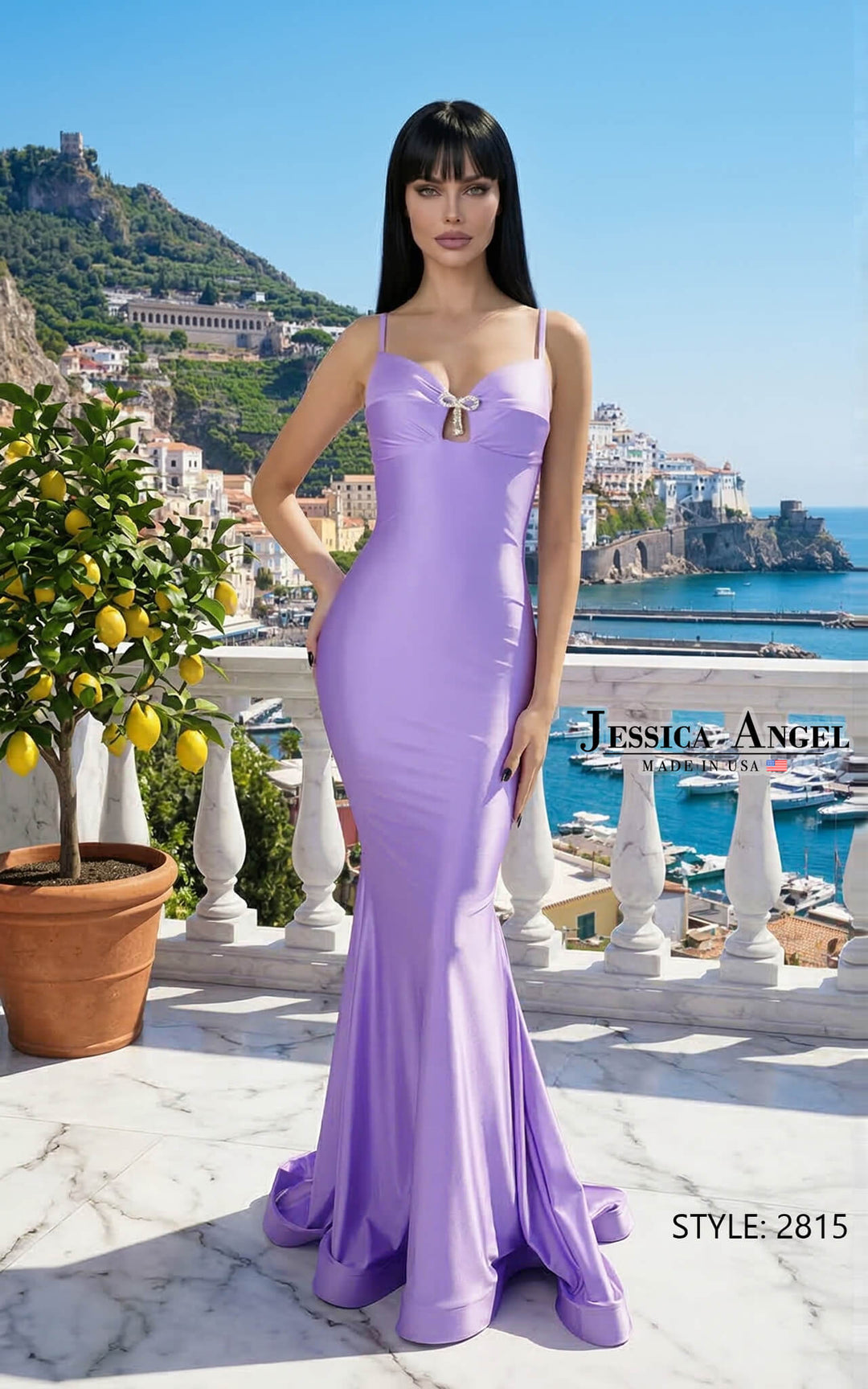 Jessica Angel 2815 sweetheart keyhole crystal bow mermaid prom dress front view