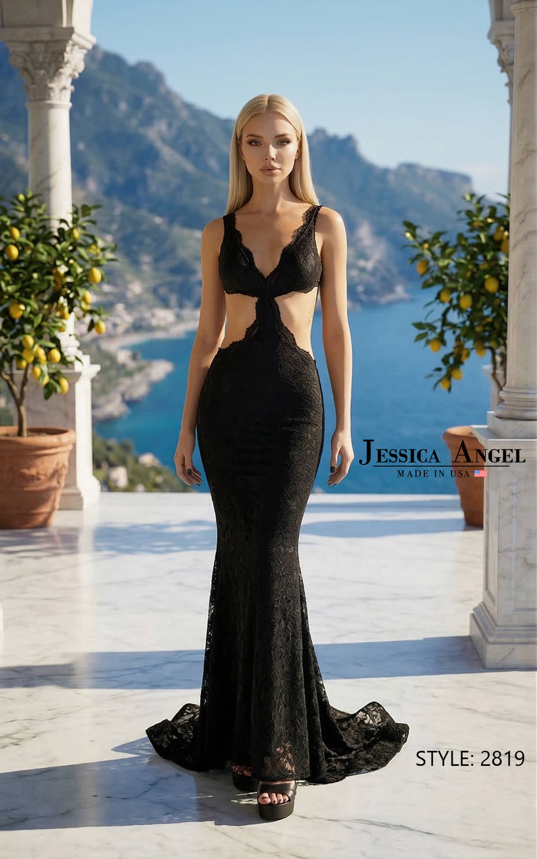 Jessica Angel 2819 lace side cutout open back mermaid gown front view