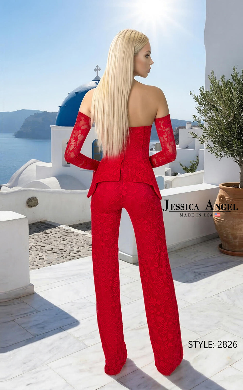 Jessica Angel 2826 strapless lace peplum wide leg jumpsuit back view