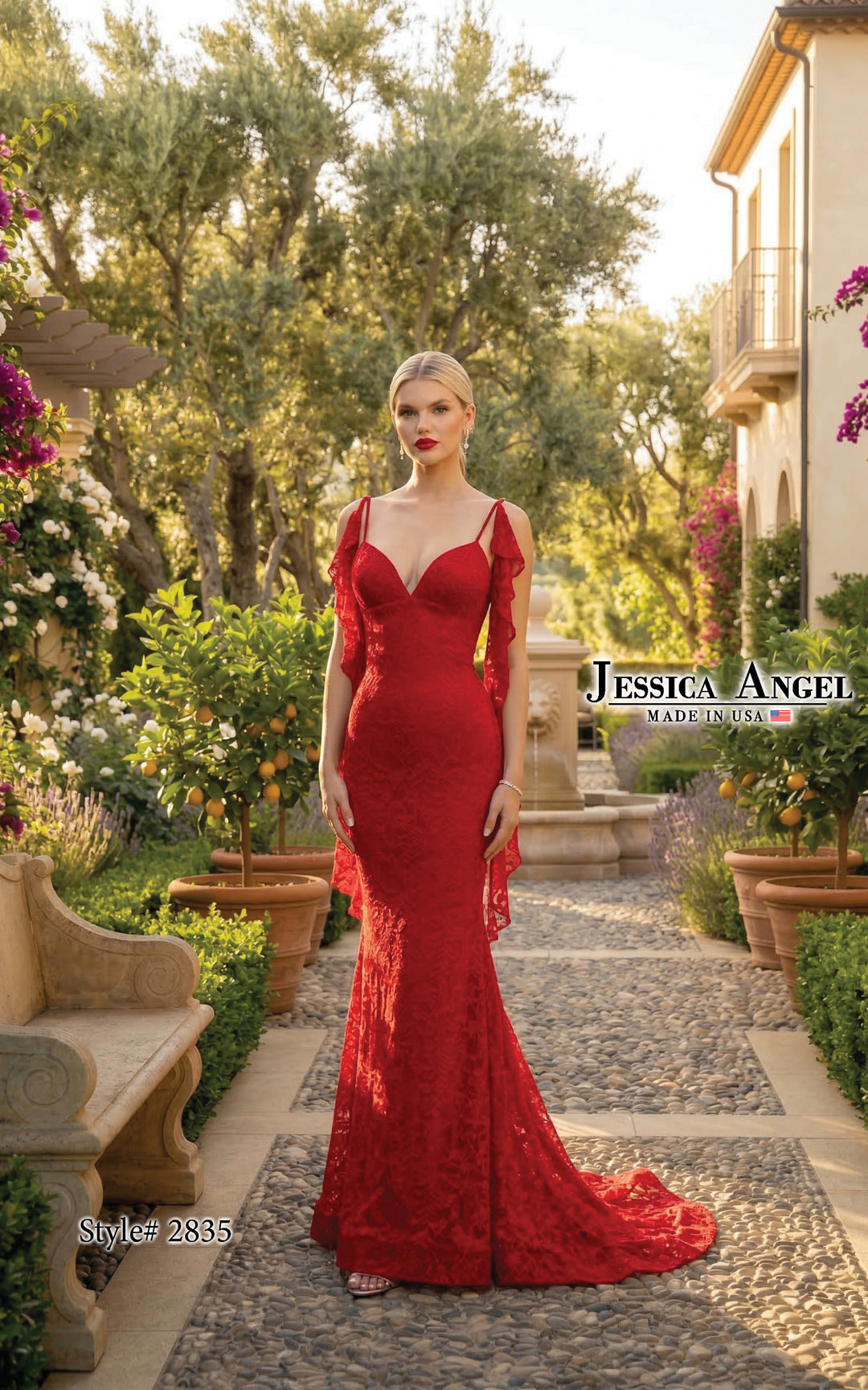 Jessica Angel 2835 lace flutter strap mermaid gown front view