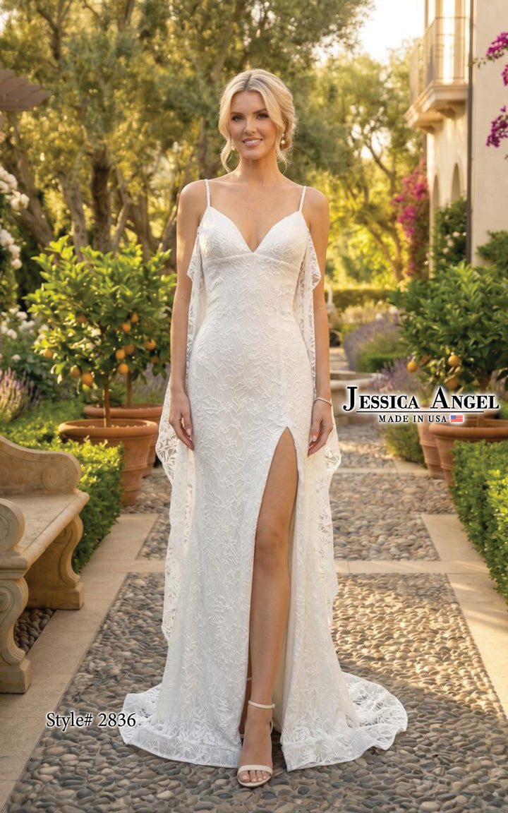 Jessica Angel 2836 V-neck lace gown with slit front view
