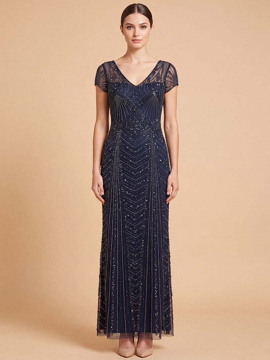 Lara 28829 Beaded Cap Sleeve Sheath Gown