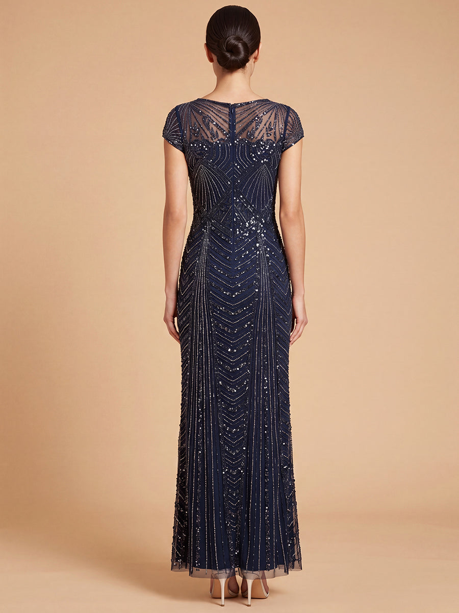Lara 28829 Beaded Cap Sleeve Sheath Gown
