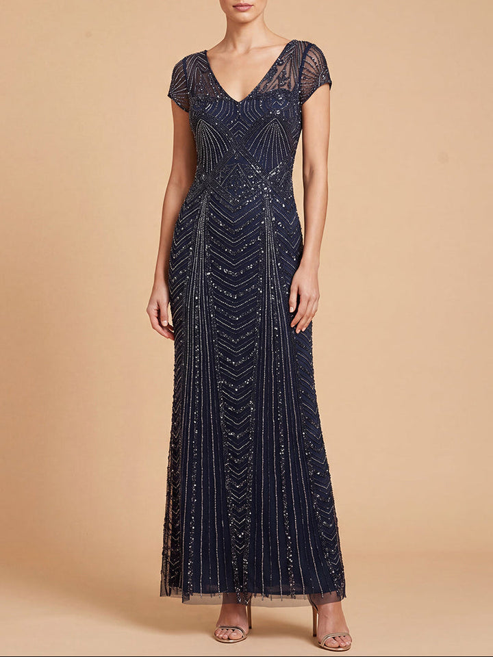 Lara 28829 Beaded Cap Sleeve Sheath Gown