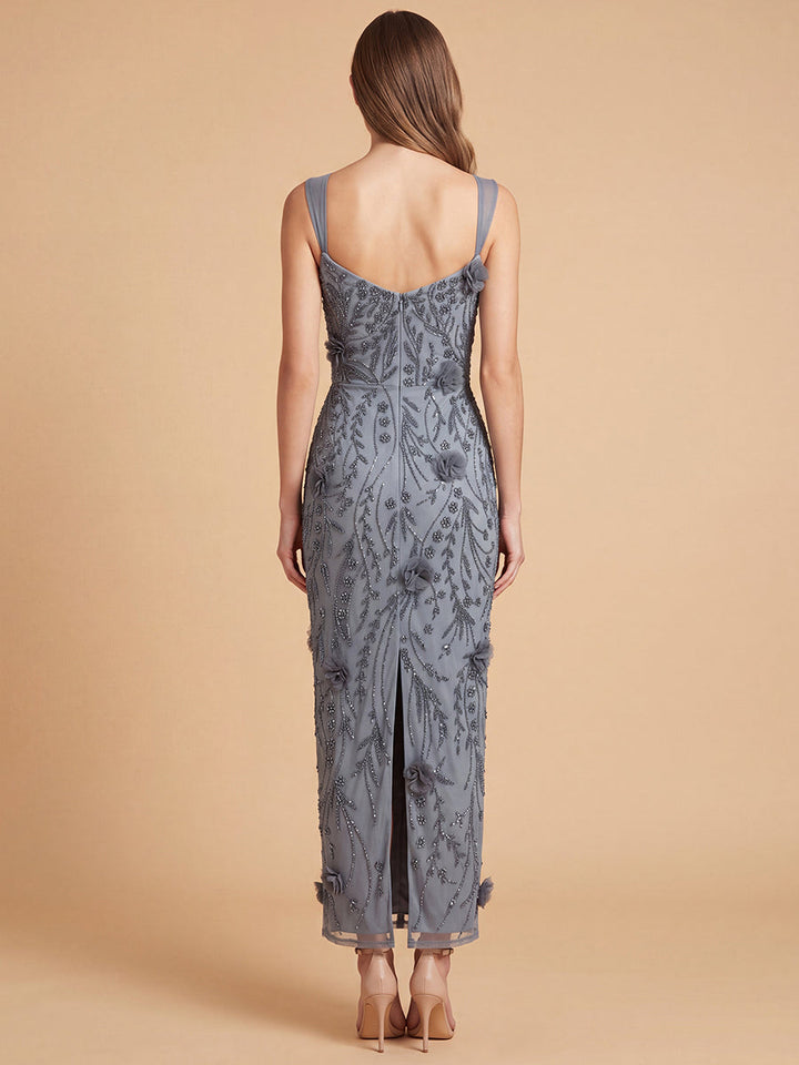 Lara 28830 Beaded Midi Dress with 3-D Florals