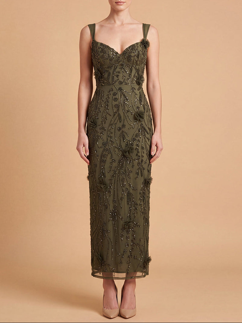 Lara 28830 Beaded Midi Dress with 3-D Florals