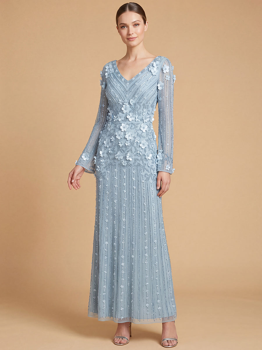 Lara 28854 3D Floral Embellished Long Sleeve Gown