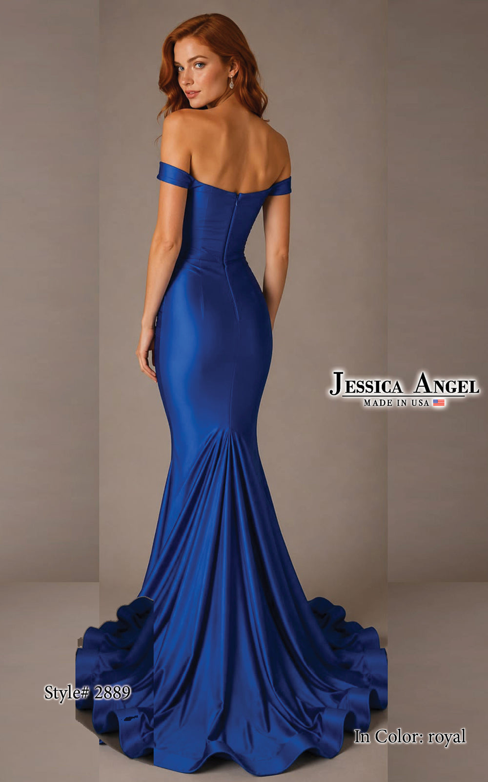 Jessica Angel 2889 off shoulder ruched sweetheart mermaid gown back view