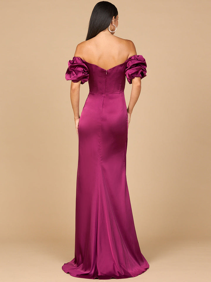 Lara 28957 off shoulder sheath dress with slit, back view