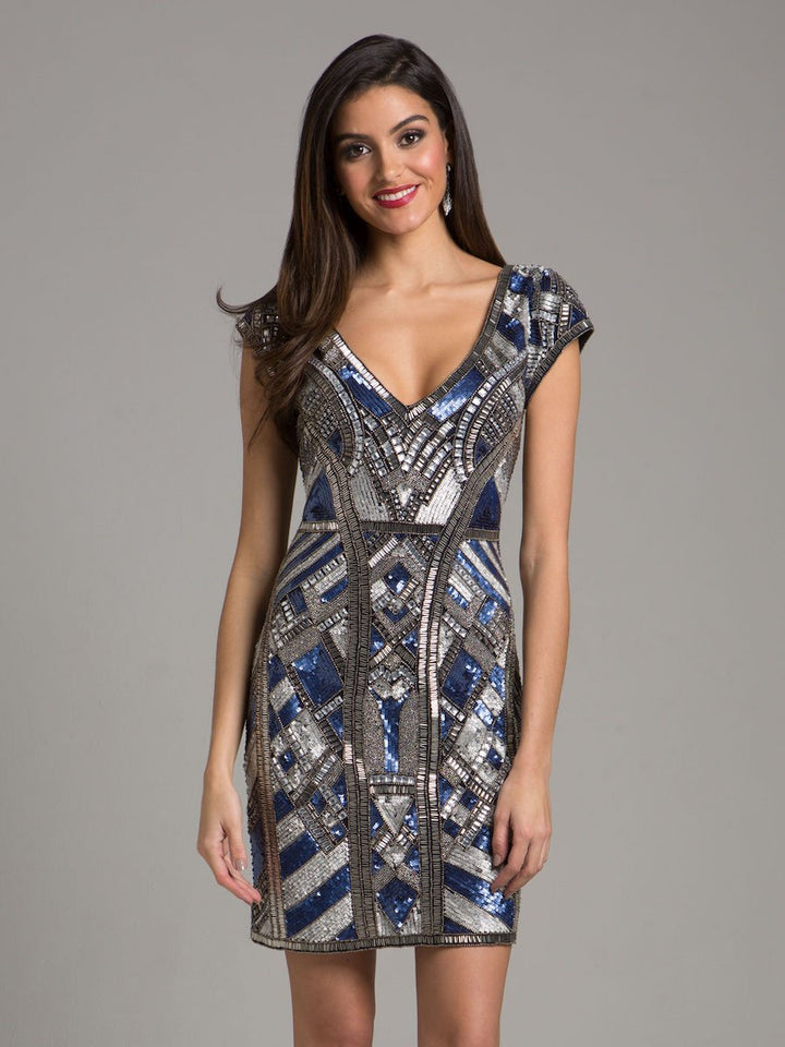 Lara 29909 - Beaded, V-neck Mini Dress - FOSTANI