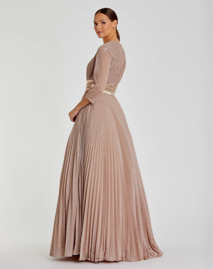 Pink Shimmering Pleated  3/4 Sleeve Ball Gown - FOSTANI.com