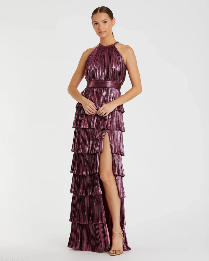 Mac Duggal 30763 Metallic Halter Neck Tiered Ruffle Gown