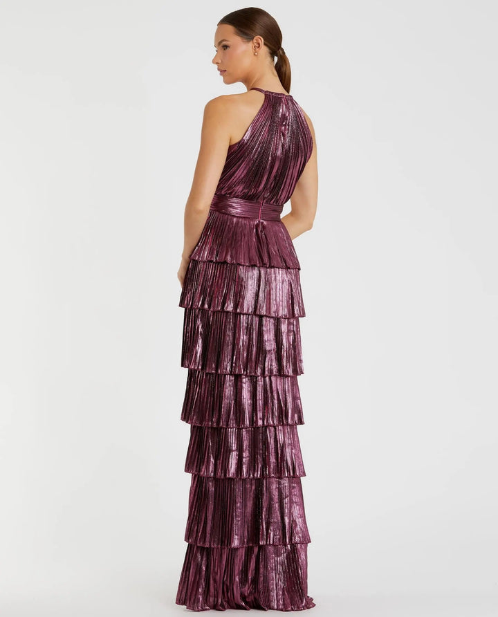 Mac Duggal 30763 Metallic Halter Neck Tiered Ruffle Gown