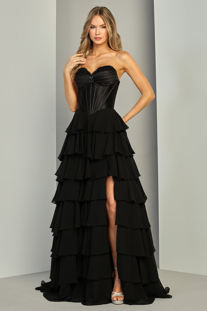 Adora 3419 strapless corset tiered ruffle prom dress front view, alternate pose