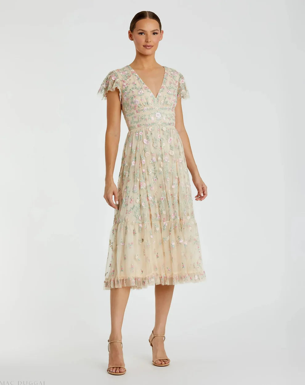 Mac Duggal 35104 Black Multicolor Embroidered V Neck Cap Sleeve Midi Dress