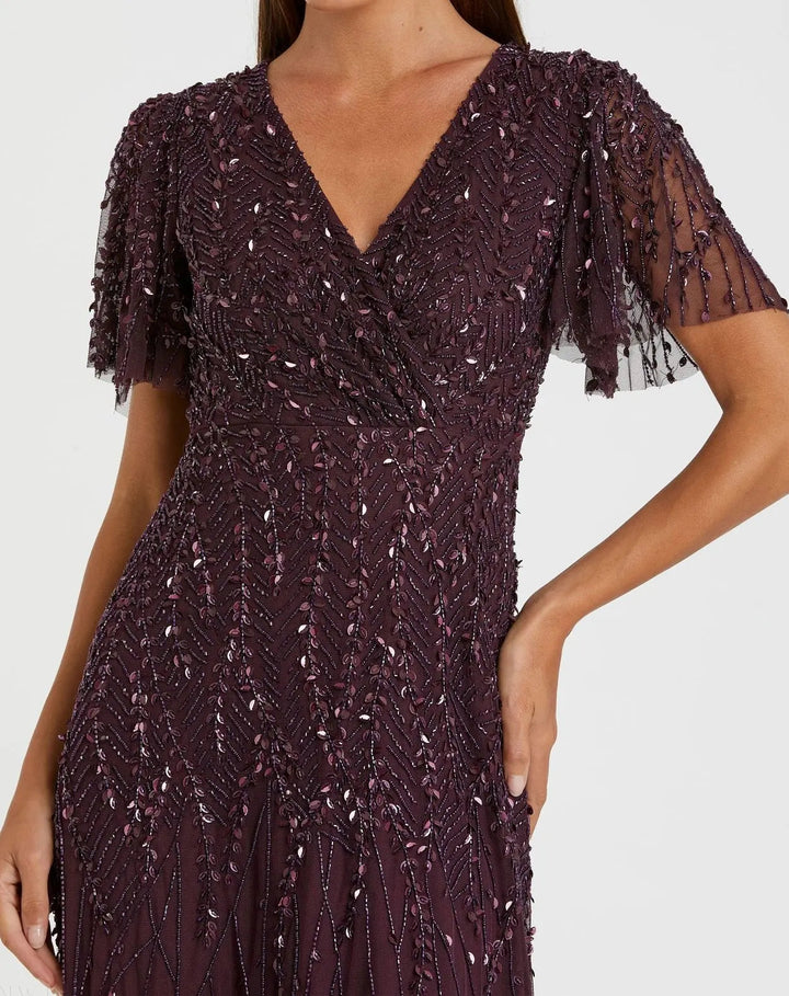 Mac Duggal 35109 Purple Embellished Flutter Sleeve Gown