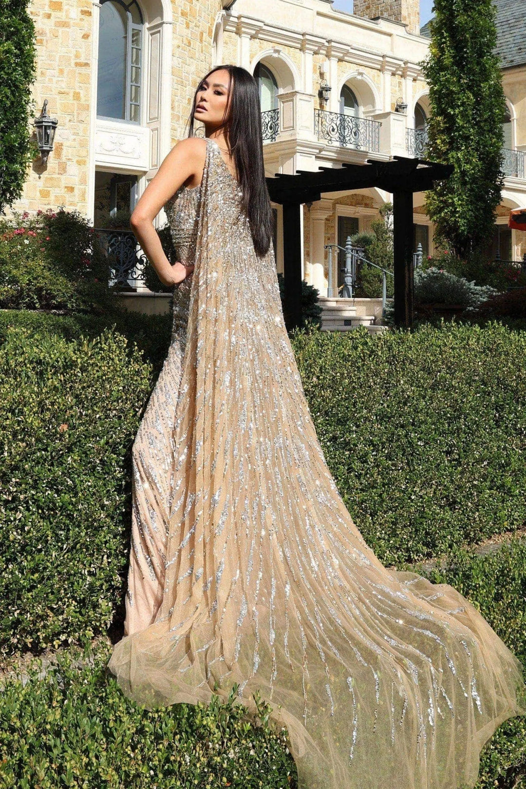 Jovani 36358 beaded gown with cape train and open back view 3