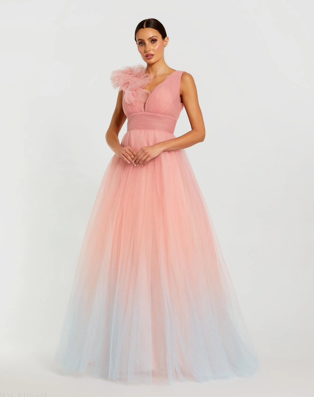 Mac Duggal 37001 Pink Ruffle Shoulder V Neck Ombre Tulle Ball Gown