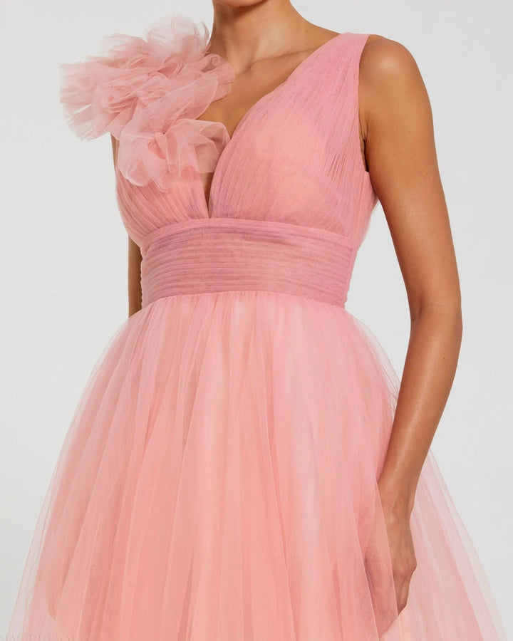 Mac Duggal 37001 Pink Ruffle Shoulder V Neck Ombre Tulle Ball Gown