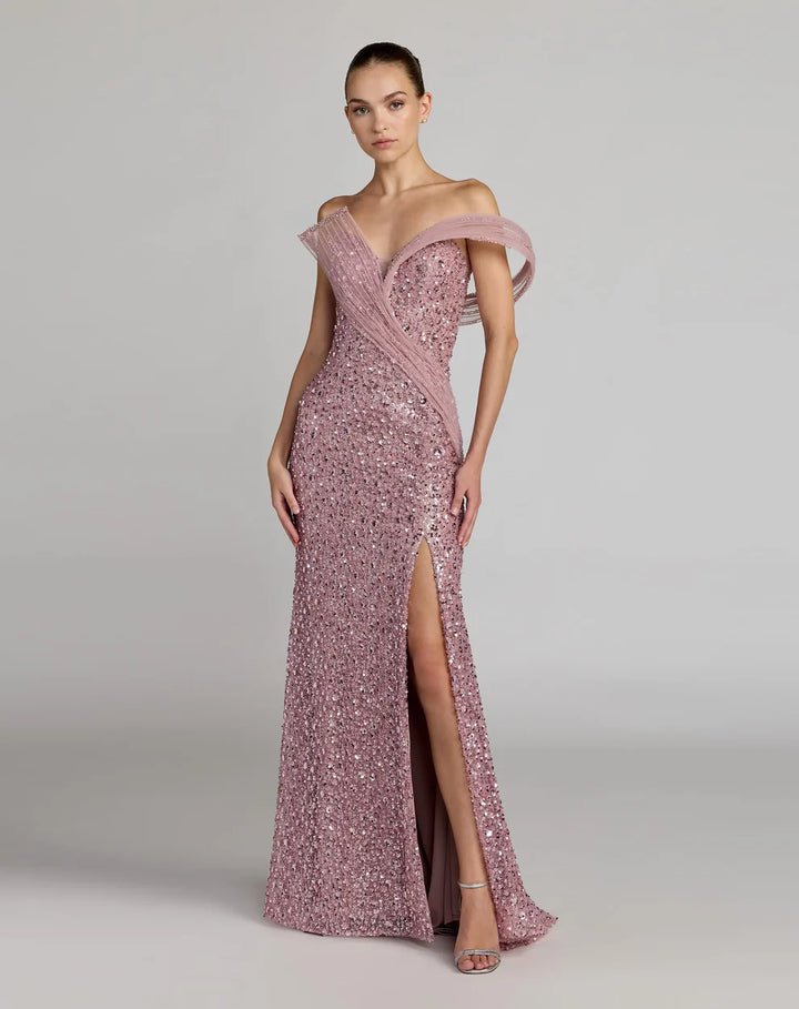 Mac Duggal 9937085P Petite Embellished Strapless Gown With Sculptural Drape