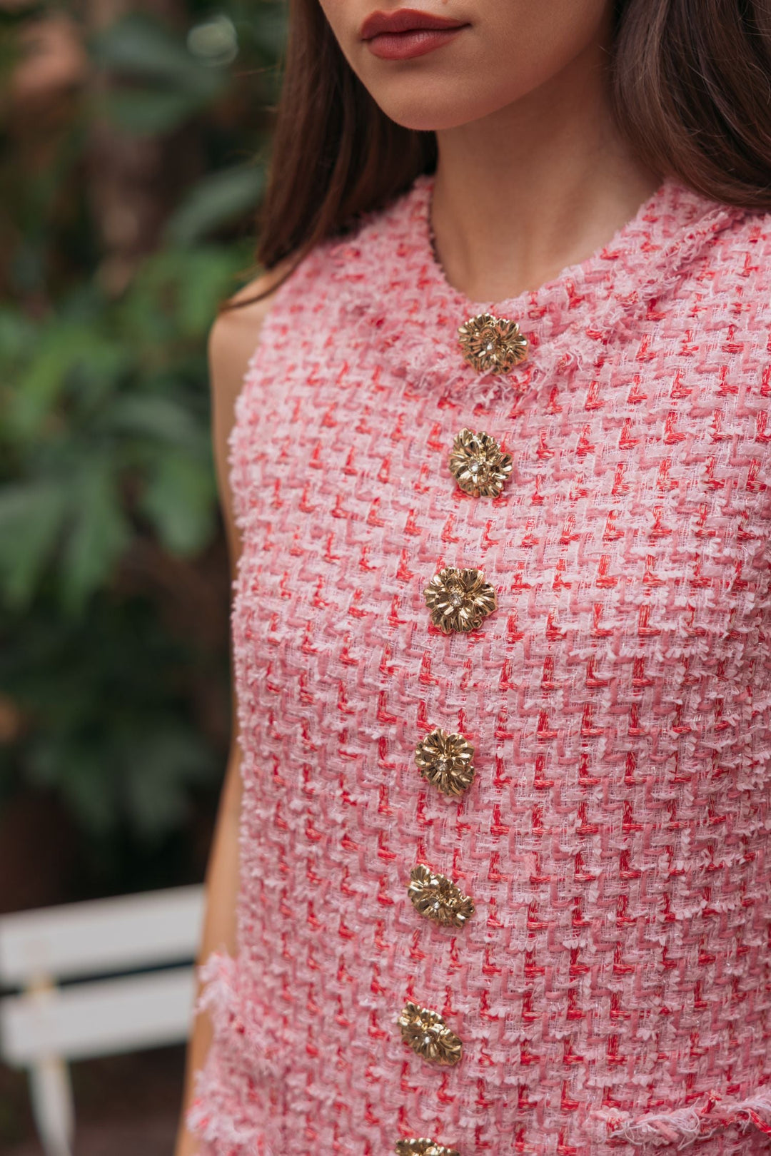 Pink Boucle Sleeveless Mini Dress with Gold Buttons - FOSTANI.com
