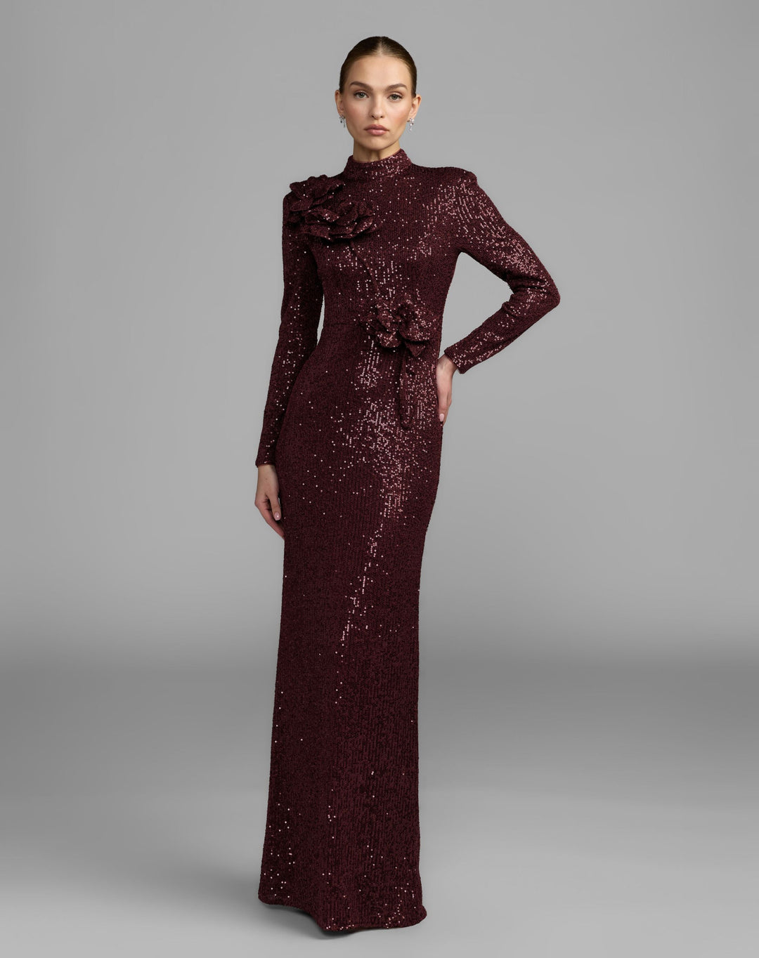 Mac Duggal 37157 Long Sleeve Sequin Gown With Flowers