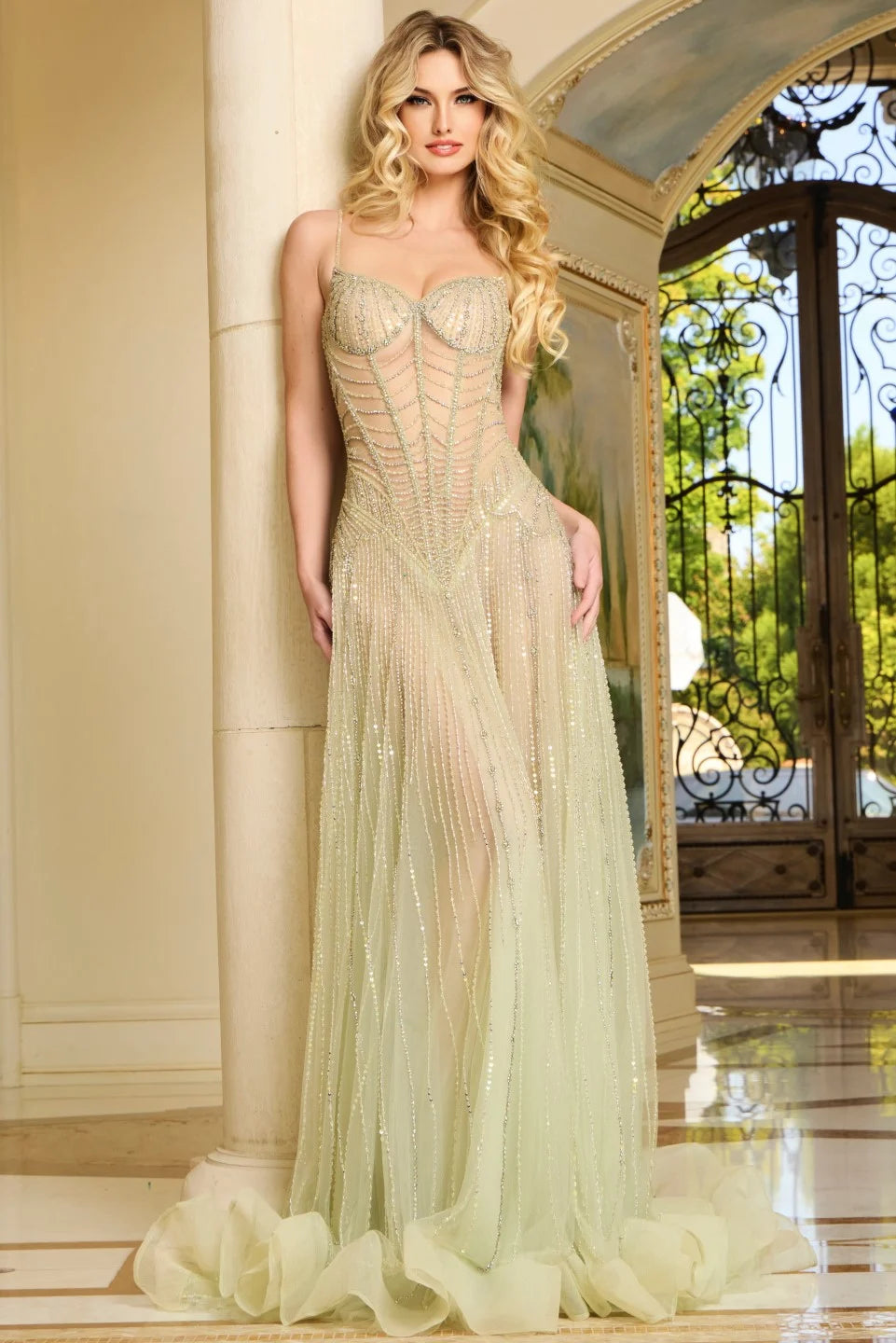 Jovani 37593 Sheer Beaded Gown with Sweetheart Neckline