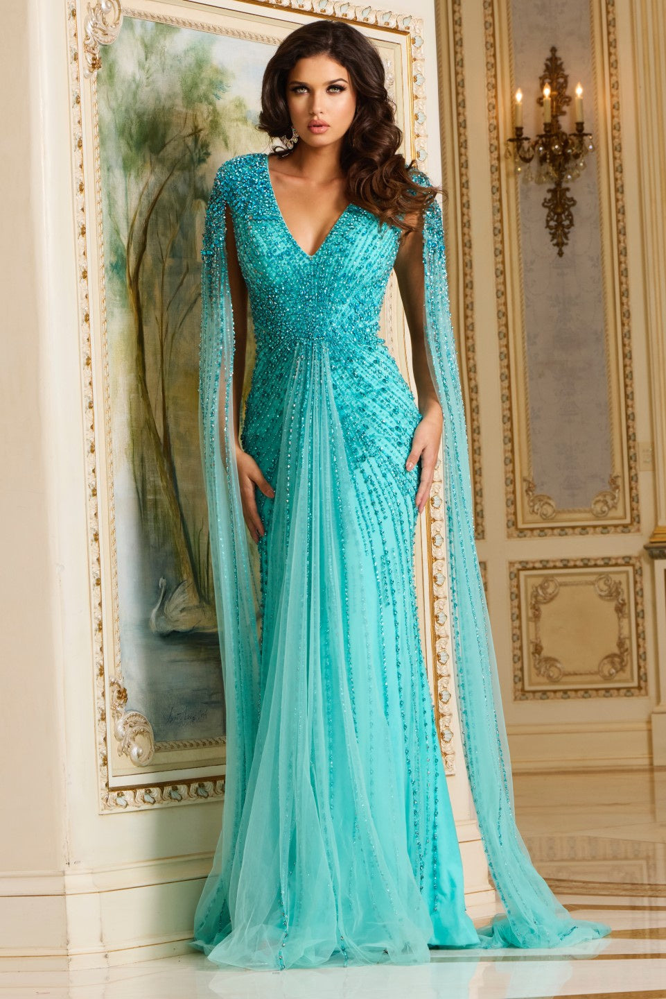 Jovani 38964 Beaded V-Neck Gown with Draping Cape Sleeves