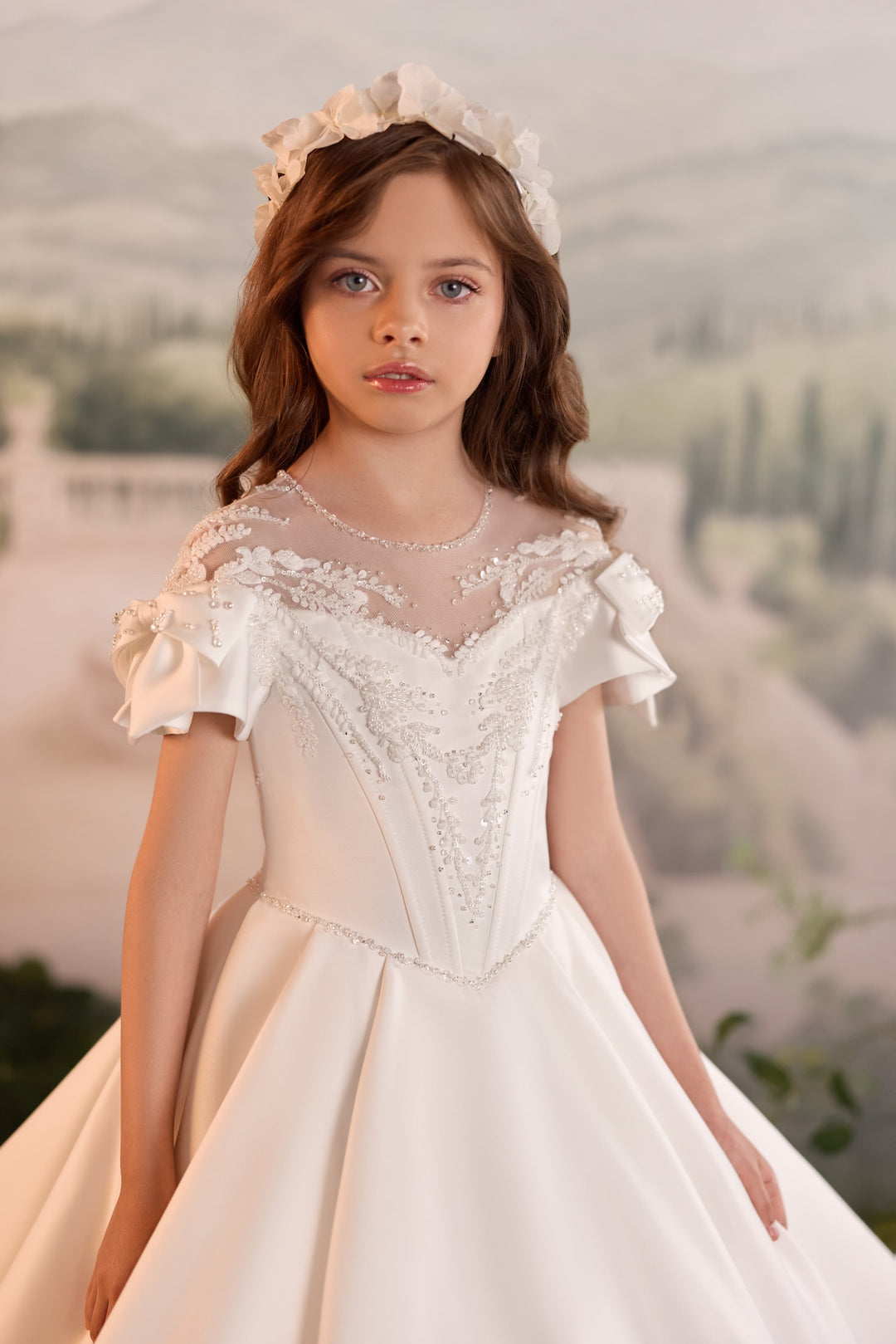 Pentelei 3907 Beaded Puff Sleeve Bow Kids Ball Gown