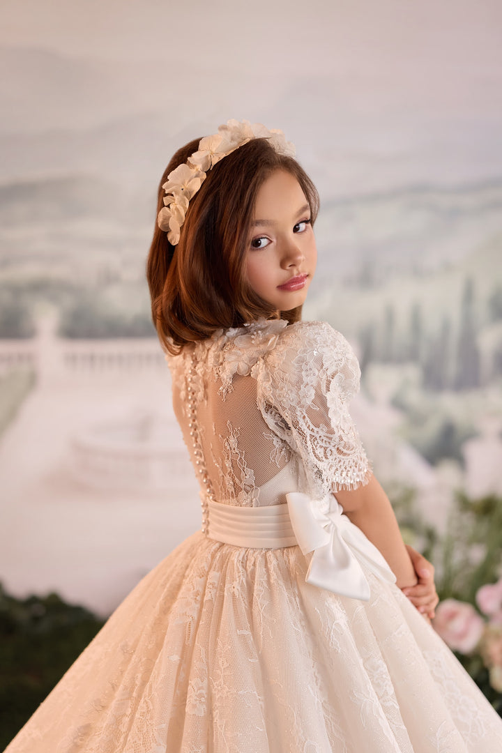 Pentelei 3908 Illusion Back Lace Sash Kids Ball Gown
