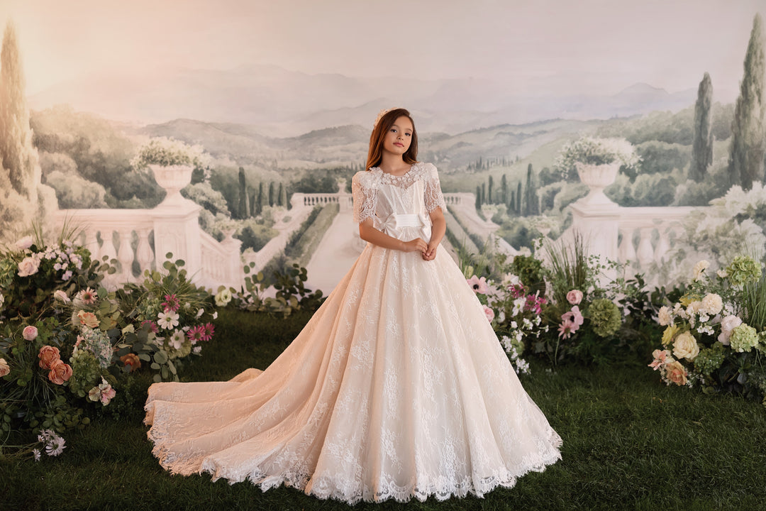 Pentelei 3908 Illusion Back Lace Sash Kids Ball Gown