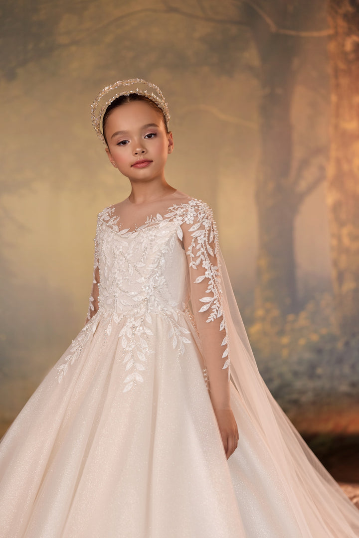 Pentelei 3910 Beaded Lace Cape Kids Ball Gown