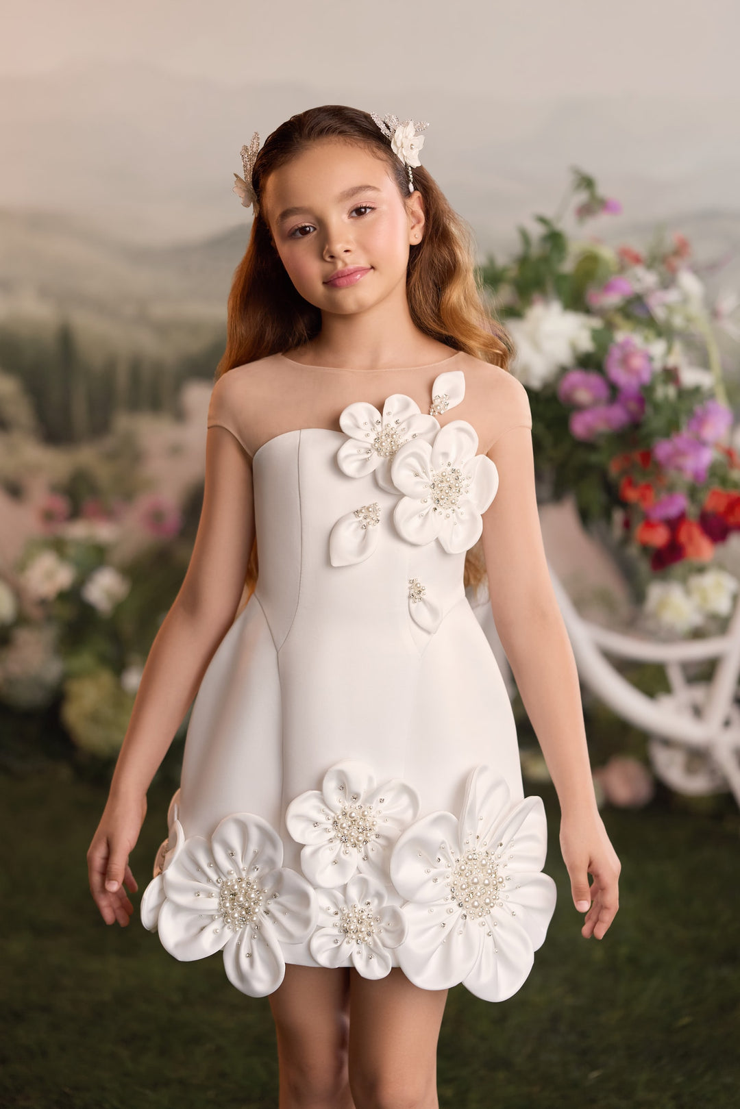Pentelei 3912 3D Floral Appliqué Mini Kids Party Dress
