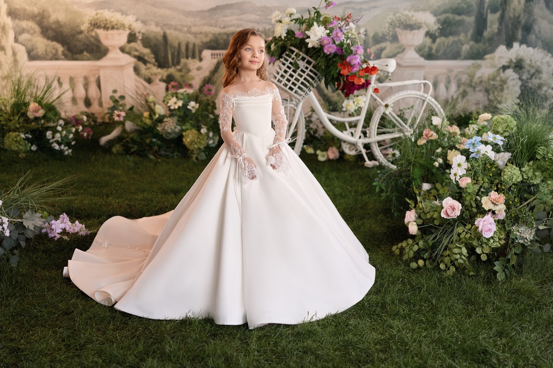 Pentelei 3919 Off-Shoulder Lace Bow Sleeve Kids Ball Gown