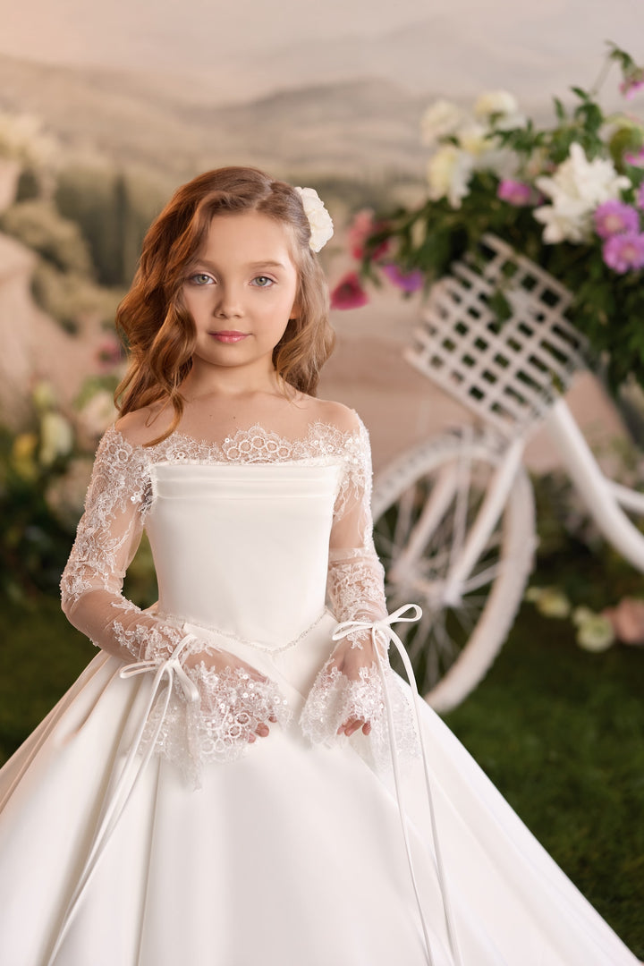 Pentelei 3919 Off-Shoulder Lace Bow Sleeve Kids Ball Gown