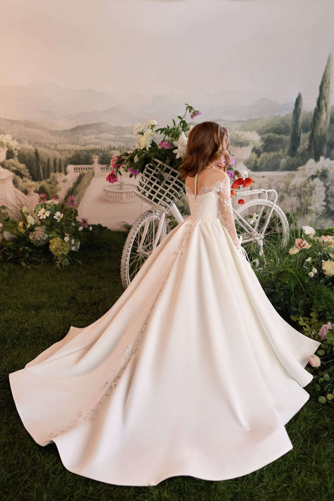 Pentelei 3919 Off-Shoulder Lace Bow Sleeve Kids Ball Gown