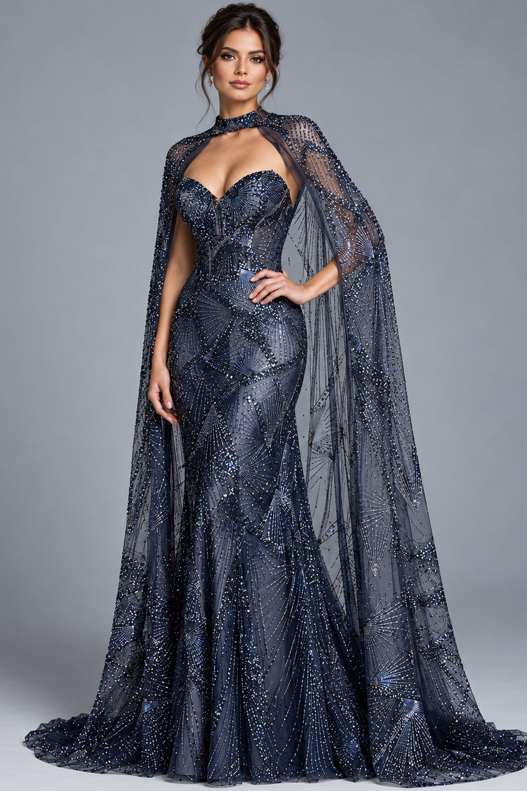 Jovani 39214 Strapless Beaded Cape Mermaid Gown bodice detail