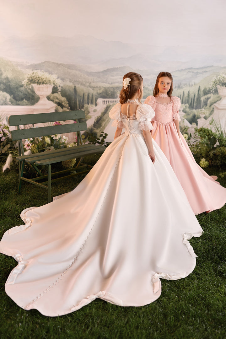 Pentelei 3921 Lace Puff-Sleeve Sequin Bodice Dress