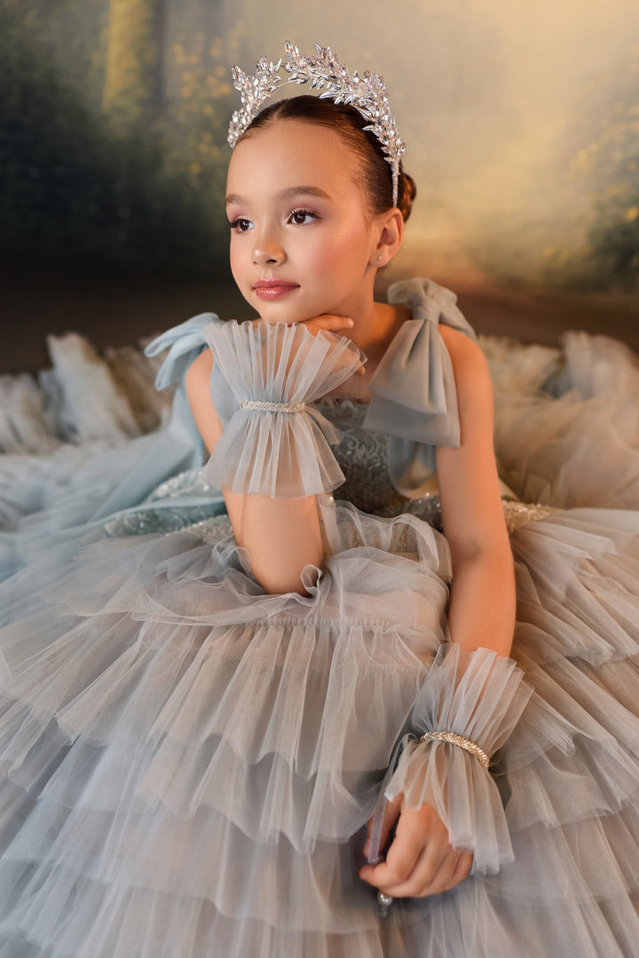 Pentelei 3926 Tiered Ruffle Bow Shoulder Kids Ball Gown
