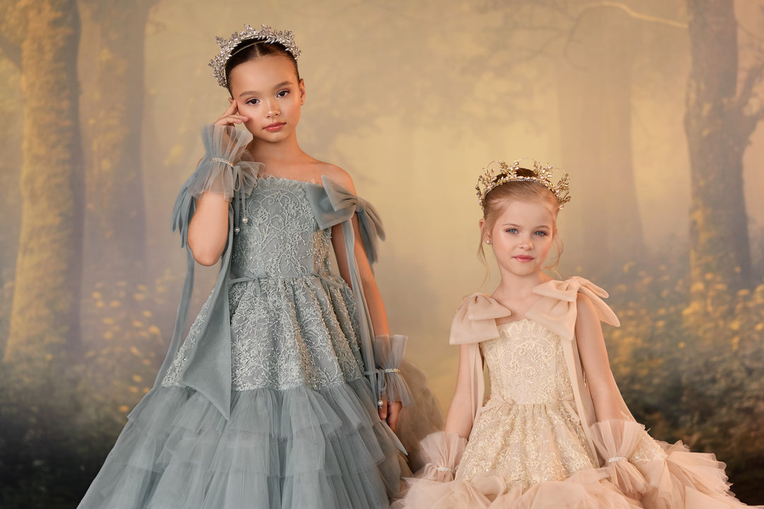 Pentelei 3926 Tiered Ruffle Bow Shoulder Kids Ball Gown