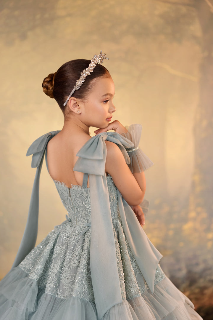 Pentelei 3926 Tiered Ruffle Bow Shoulder Kids Ball Gown