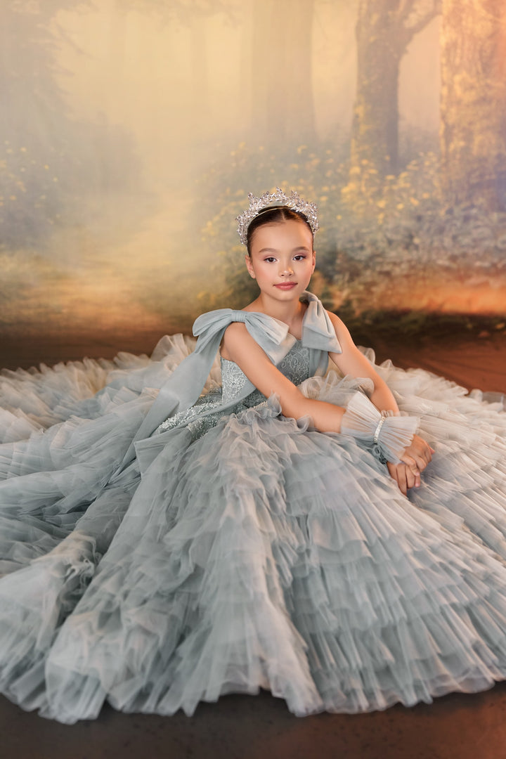 Pentelei 3926 Tiered Ruffle Bow Shoulder Kids Ball Gown
