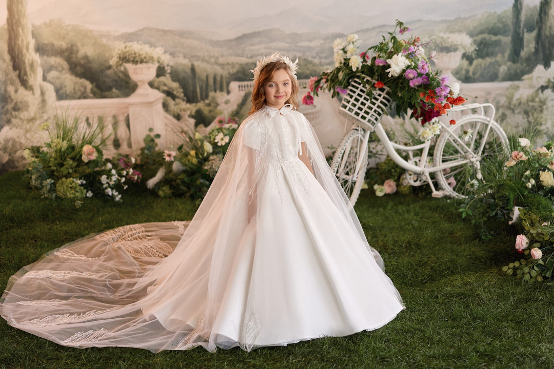 Pentelei 3929 Beaded Cape Ball Gown Kids Dress