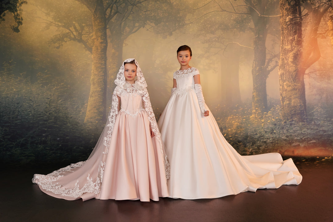 Pentelei 3942 Pearl Beaded Ball Gown with Optional Lace Cathedral Cape & Gloves Kids Dress
