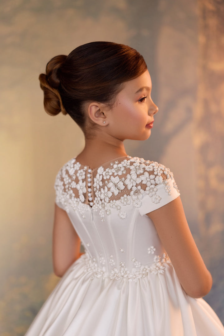 Pentelei 3942 Pearl Beaded Ball Gown with Optional Lace Cathedral Cape & Gloves Kids Dress