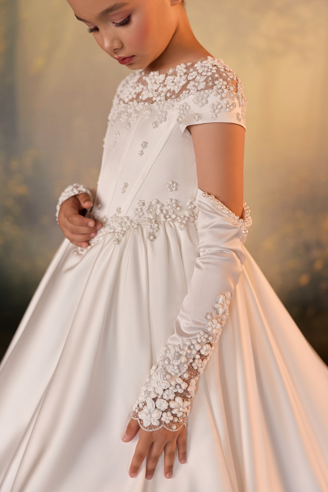 Pentelei 3942 Pearl Beaded Ball Gown with Optional Lace Cathedral Cape & Gloves Kids Dress