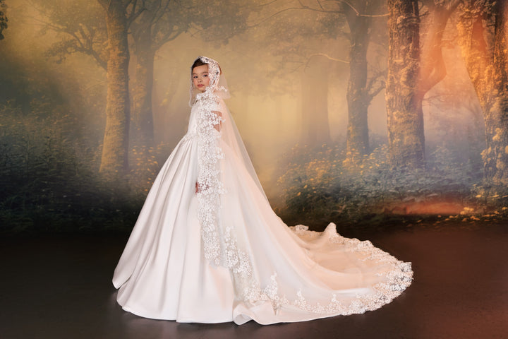 Pentelei 3942 Pearl Beaded Ball Gown with Optional Lace Cathedral Cape & Gloves Kids Dress